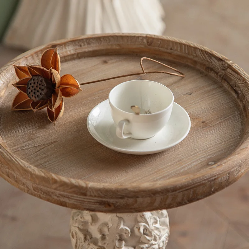 French Retro Solid Wood Carved Small Round Coffee   Mini Balcony Casual Side   for Living Room Sofa Edge