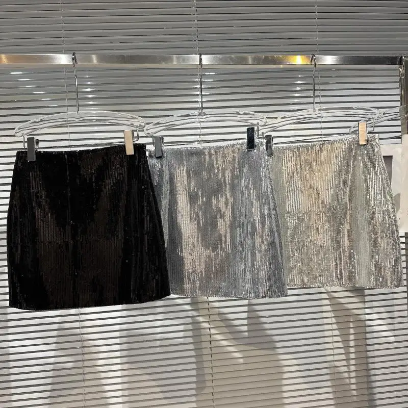 

Spring New Female Fashion Simple Hot Girl Full Sequined Shiny Hip Skirt Women's Elegant Solid Streetwear Above Knee Skirt