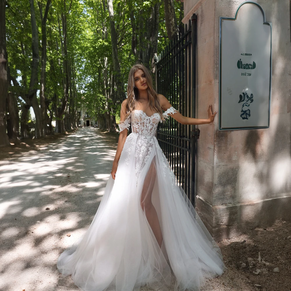 

Off the Shoulder Applique Wedding Dresses A-line Court Side Higth Split Wedding Gowns Illusion Lace Bridal Gown robes de mariée