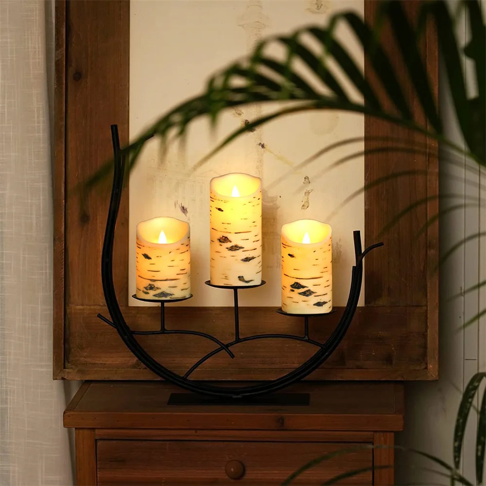 Flameless Candles Battery Operated Set of 3 Birch Bark LED Pillar Candles with Remote 3D Moving Wick Electric Decorative Candles