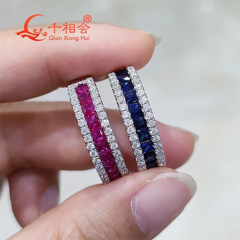 

5.5mm lab created grown red ruby blue sapphire square white moissanite half eternity band 925 Silver ring jewelry dating wedding
