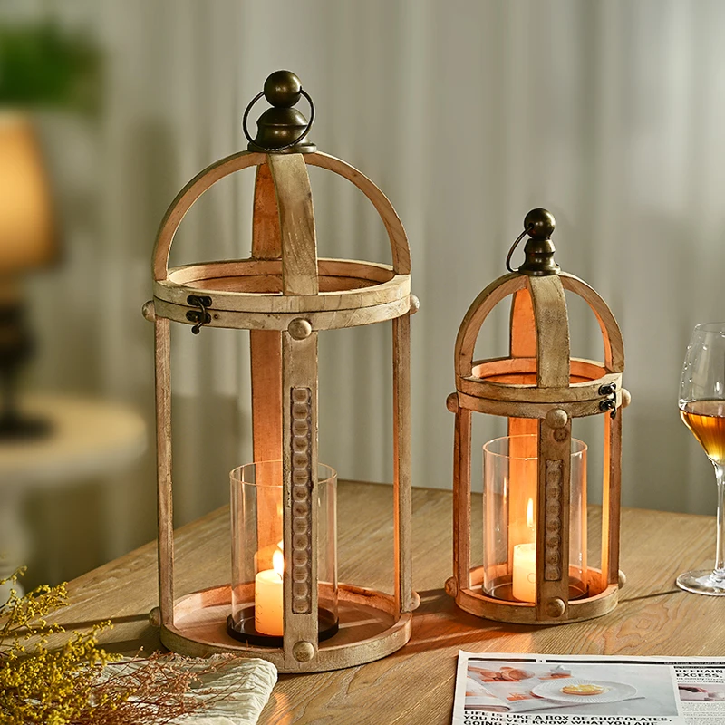 

European Rural Home Decoration Wedding Anniversary Party Christmas Decoration Glass Candlestick Wooden Frame Candlelight