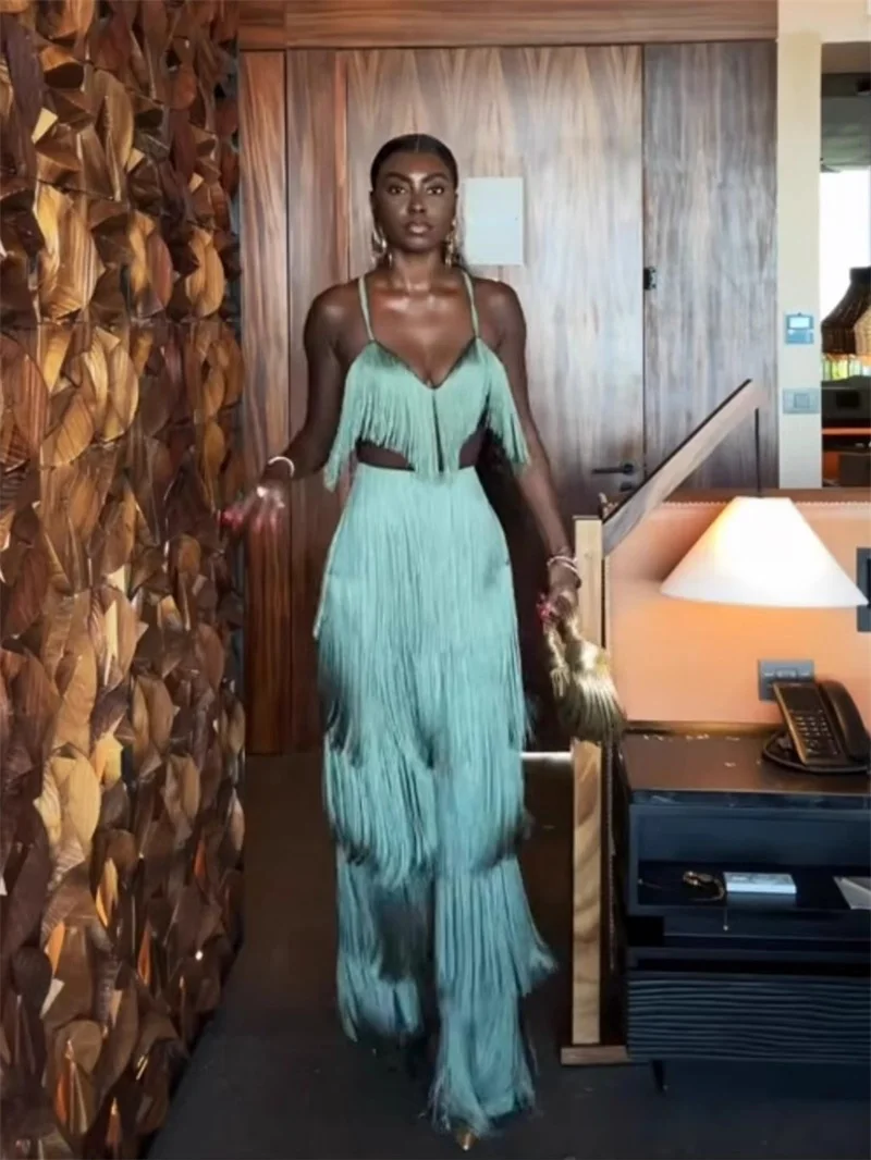 

Tassel Women Suit Set 2 Pcs Top Bra+Pants Trousers Sexy Stripe Sleeveless Formal Wedding Guest Robe Evening Party Bridal Wear