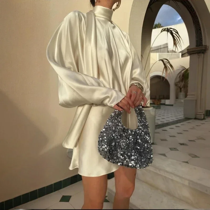 레이스업 우아한 새틴 드레스 여성 패션 섹시한 크루넥 루즈핏 긴팔 솔리드 스플라이싱 가을 숏 드레스 여성용