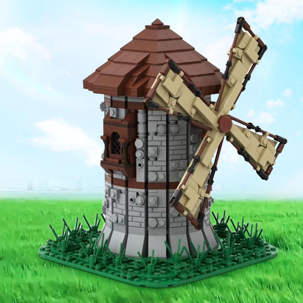 Gobricks MOC Medieval Windmill Brickheads Windmill City Retro House Street View Building Blocks Set Toys For Kids&Adult Gifts