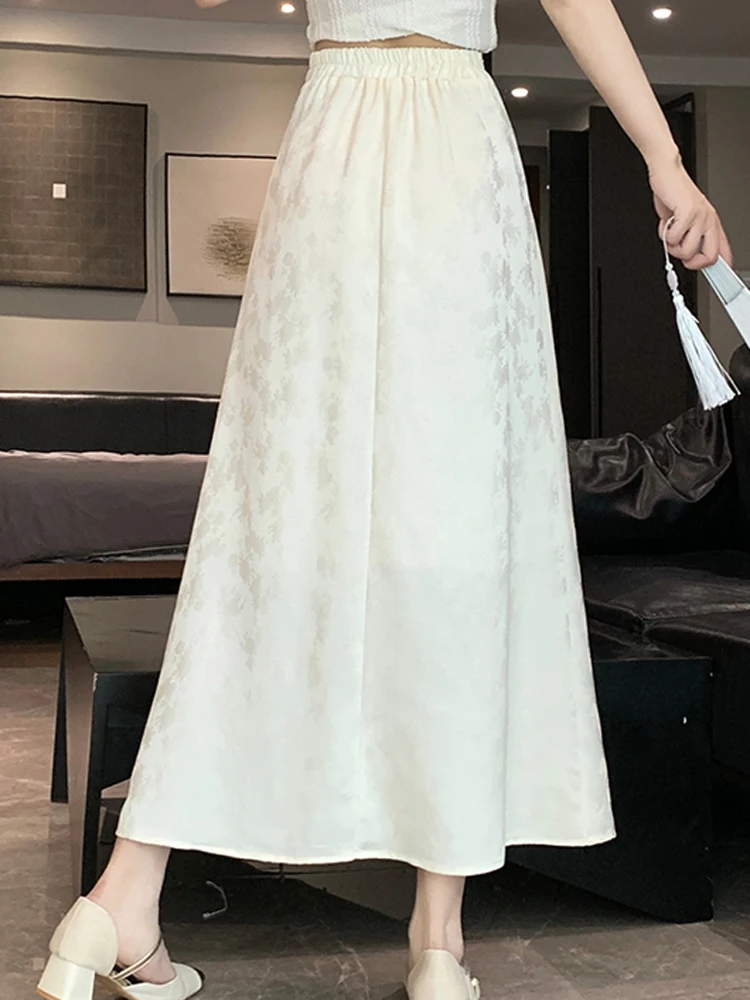High Quality New Chinese Style Fashion Satin Long Skirt 2024 New Spring Summer A-type Vertical Large Swing Skirts Mid Length