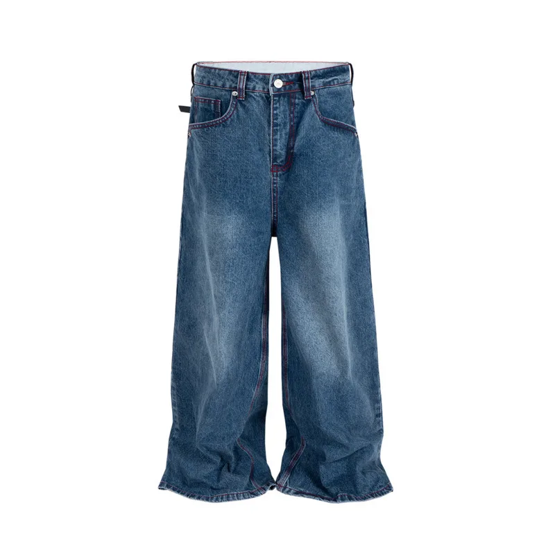 HKSH ฤดูใบไม้ผลิฤดูใบไม้ร่วงใหม่ผู้ชาย Vintage กางเกงยีนส์ล้าง Topstitch Baggy ผู้หญิงขากว้าง Faded Denim กางเกง Chic Ins Hig Street HK8740