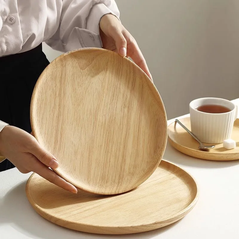 Plato de madera maciza de estilo japonés, bandeja redonda de roble, plato de cena creativo para el hogar, bandeja para aperitivos y pan de frutas