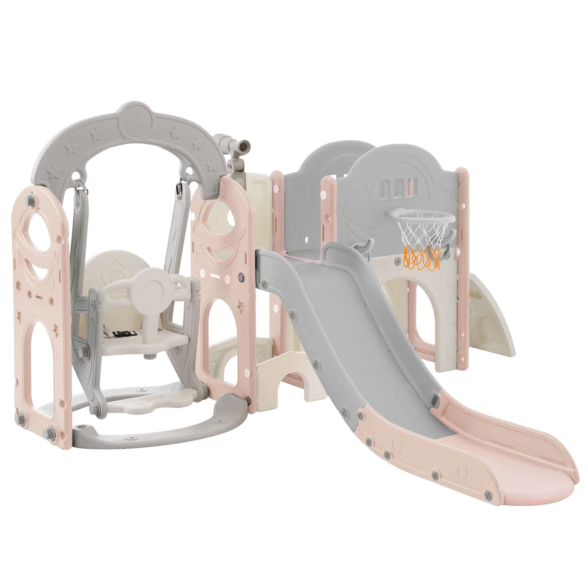 Set scivolo e altalena per bambini 7 in 1, Set da gioco per scalatore per parco giochi per bambini con combinazione autoportante per canestro da basket per Babi