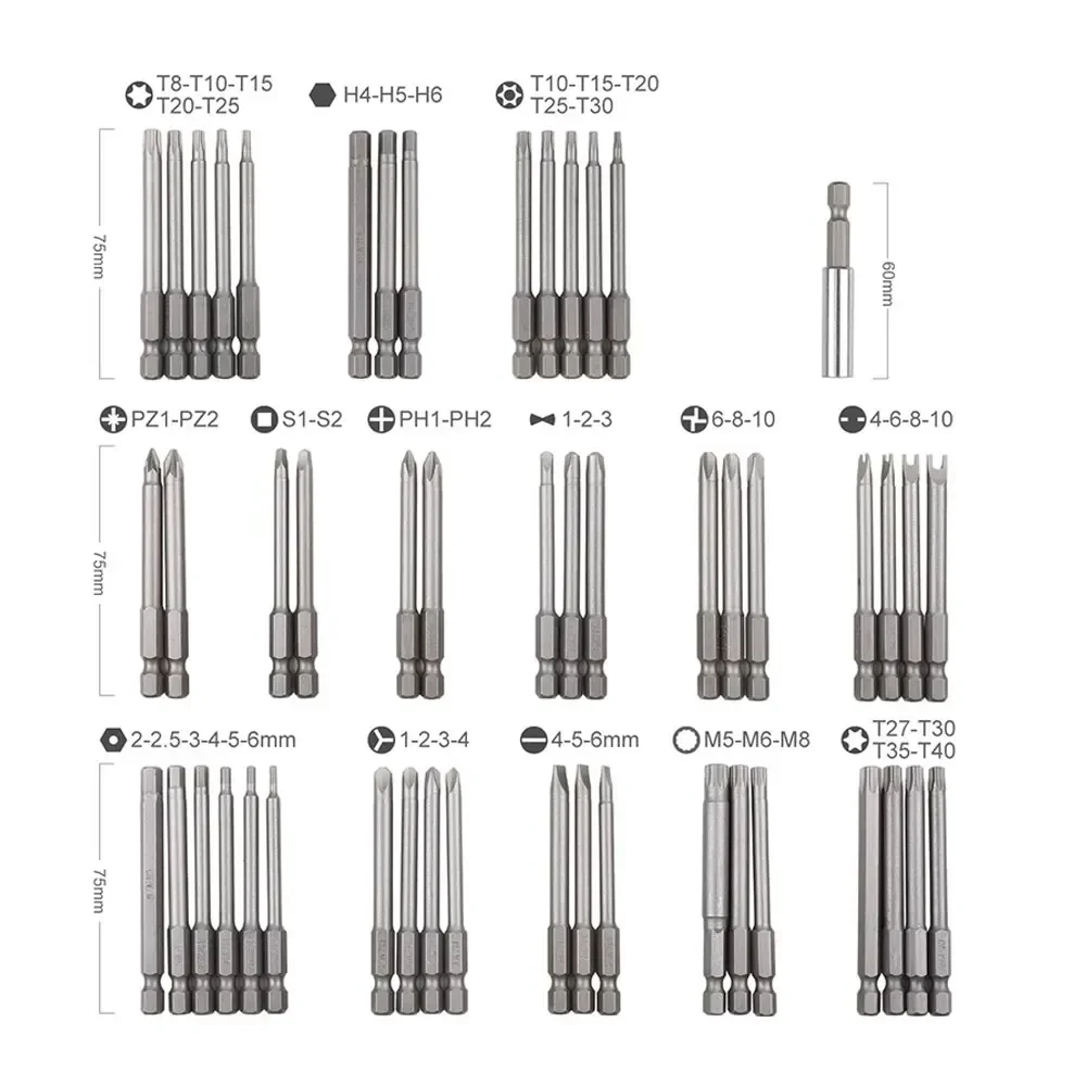 Krachtige 50PCS 75mm Extra Long Magnetic Screwdriver Bit Set Square Spanner Bits Security Torx Hex Star Bits