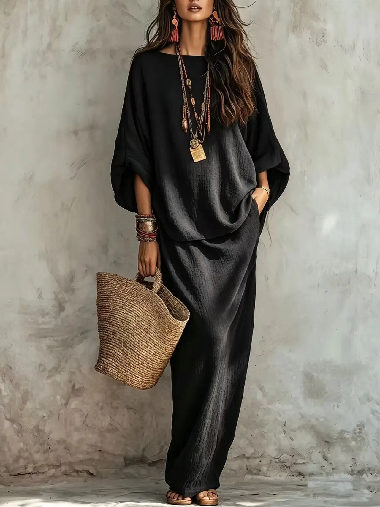 New Winter Autumn Skirt Sets Elegant Fashionable Simple Loose-fitting Long-sleeved Round-neck Top Long Skirt Two-piece Set
