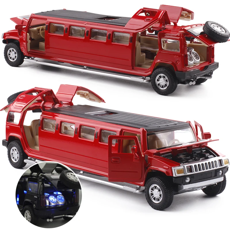 1:32 Diecast Hummer Lengthen Limousine Metal Alloy Car Model Pull Back Flashing Musical High Simulation Kids Toy Vehicles Gift