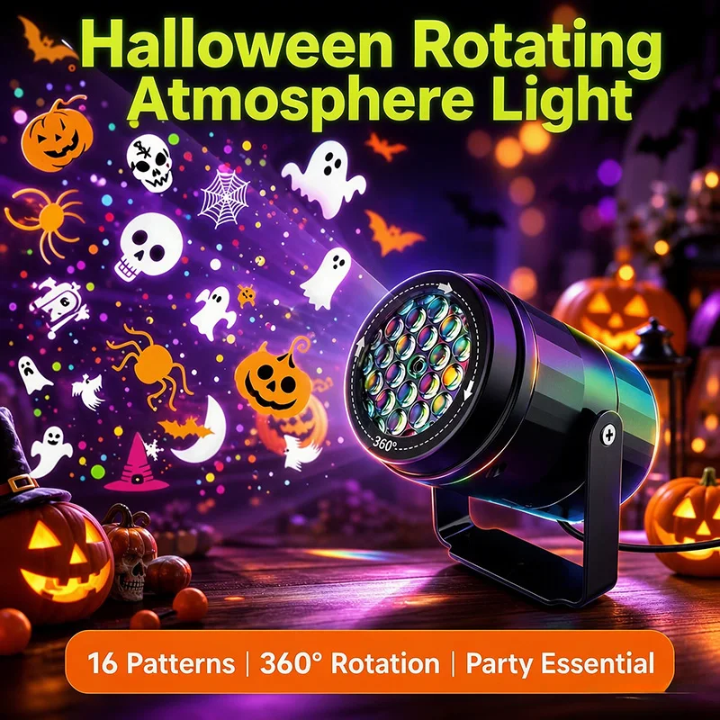 Halloween Christmas Projector Light 360° Rotatable USB Powered LED Atmosphere Lamp Holiday Party Decorations