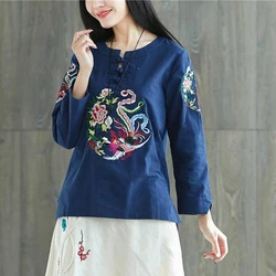 Fashion O-Neck Button Vintage Embroidery T-Shirts Women's Clothing Spring New Loose All-match Tops Office Lady Tee Shirt