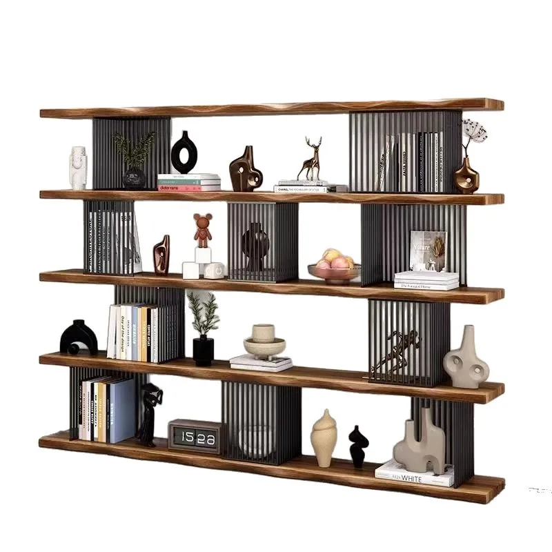 

Yjq wrought iron solid wood shelf thickened living room wall bookcase office floor storage bookshelf