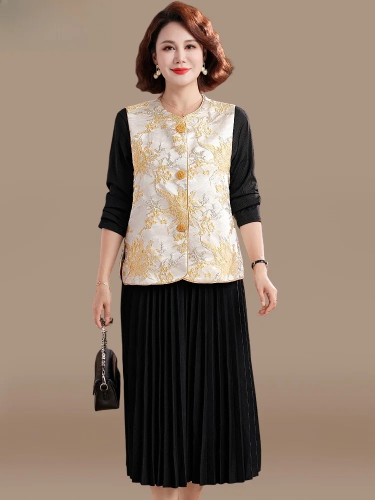 

Ele Mid-Aged Women's Autumn Dr Set National Sle Vest Coat Floral Embroidery Warm Busin Wear Two-Piece Suit