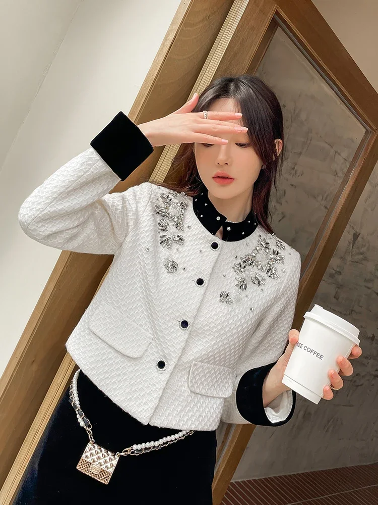 French Temperament Socialite Rhinestone Beads Velvet Splicing Lapel Long Sleeve Single-breasted Short Jacket Tops Women Autumn