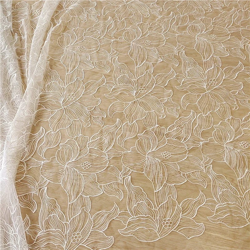 Off White Tulle / Net Flower Embroidery French Bridal Wedding Dress Lace fabric DIY Sewing Fabric Designer Fabric By The Yard