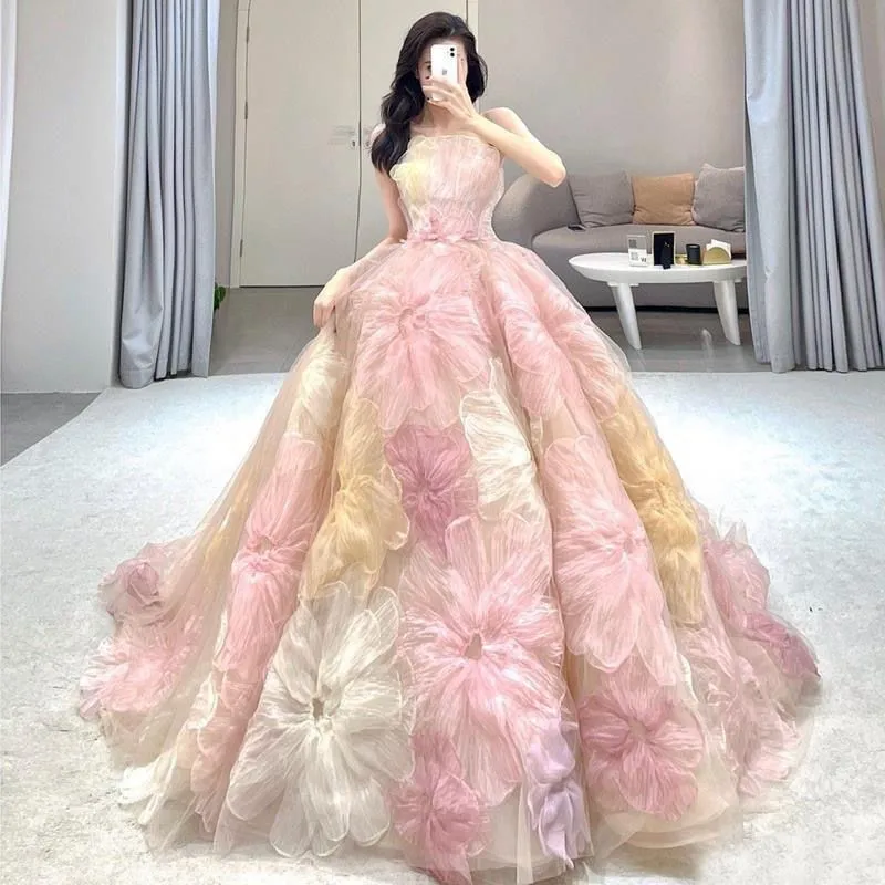 Customized Summer Fashion Stapless Wedding Dress Colorful Flower Bridal Gown Train Party Prom Evening Dress Vestido Noiva