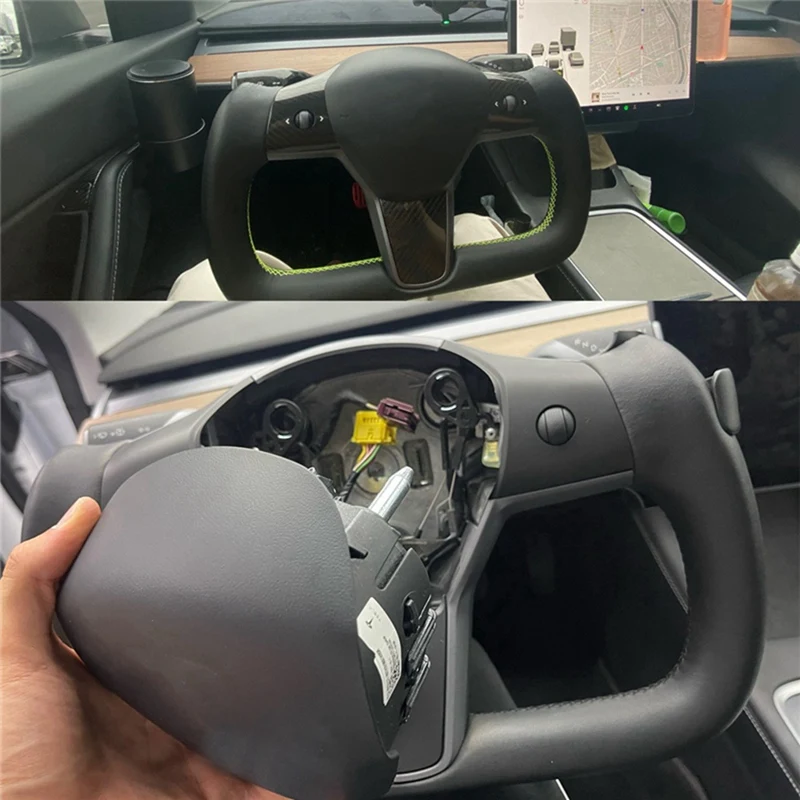 With Heating Yoke Steering Wheel For Tesla Model3 17-23 Model Y 17-21 Car Wheel Steering Racing Custom Styling Side Hole