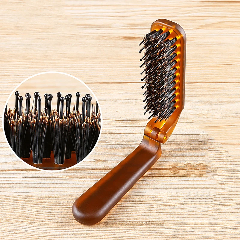 Boar Bristle Hair Brush Amber Foldable Portable Comb Pocket Collapsible Travel Massager Styling Tool Salon Men Women Gift