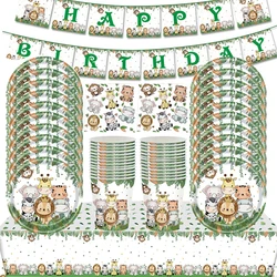 Jungle Animals Theme Birthday Plates Napkins Cups Tablecloth Party Tableware Baby Shower Safari Animals Kids Party Decorations