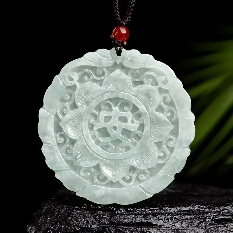 

Double-sided Carved Natural Burmese Jadeite Lotus Jade Pendant Safety Necklace Fashion Charm Jewelry Amulet Gift for Women Men