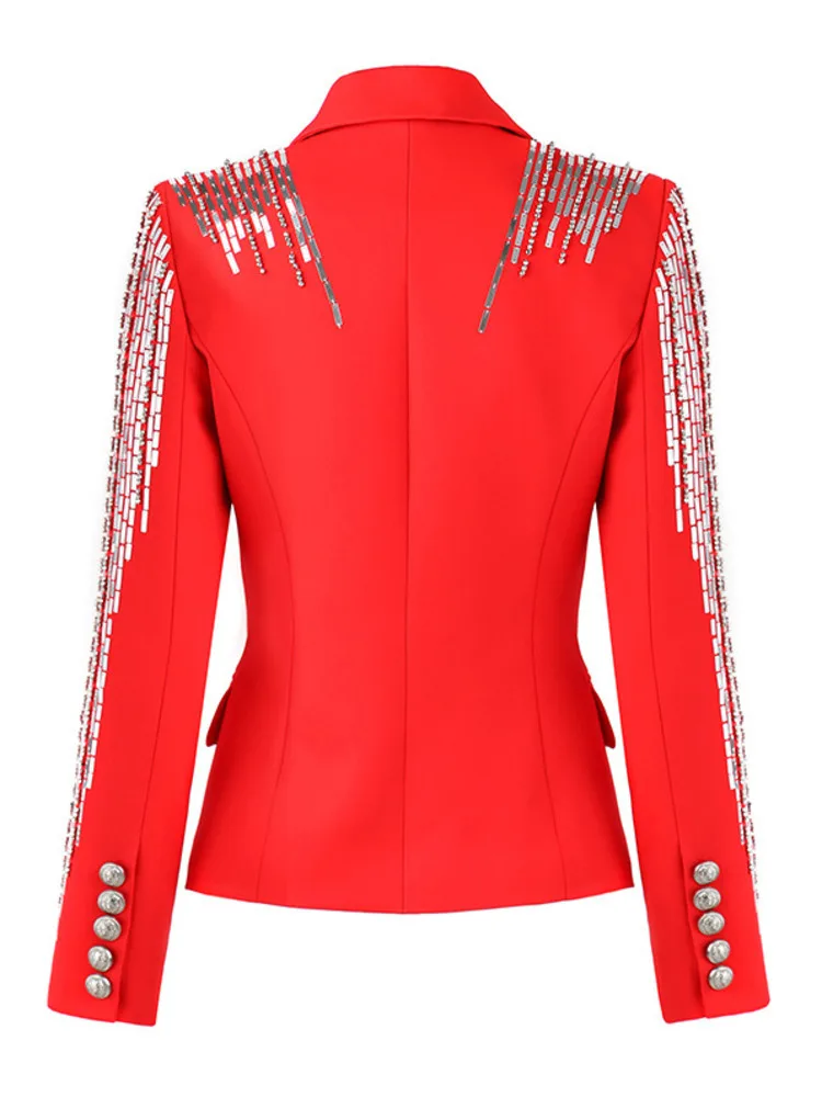 ZMEENNA Notched Collar Red Double Breasted Patchwork Metal Beads Blazer For Women 2025 Spring Fashion New Coats Jackets ZM536