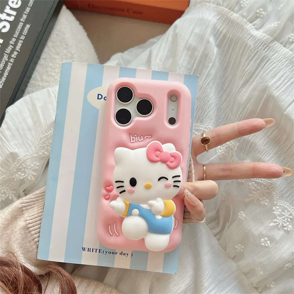 

Cute Cartoon Cat Silicone Phone case for iPhone 17 16 15 14 13 12 Pro Max 15 plus 16 Pro Funda With HelloKitty Stand Kawaii Cove