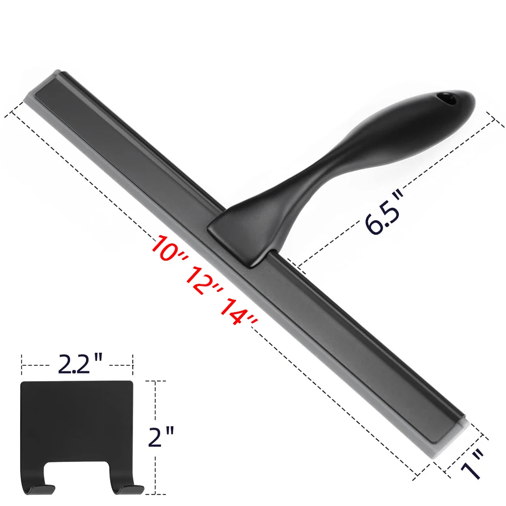 14'' INCH Shower Squeegee Stainless Steel Handle Silicone Wiper Window Scrape Rubber Blade 2 Hooks Car Bathroom Hotel Mirror
