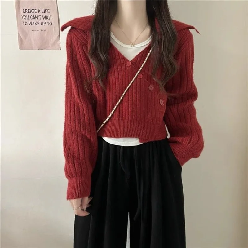 

Fake Two-piece Knitted Base Shirt Women Autumn Winter Short High-waisted Inner Maillard Sweater Top