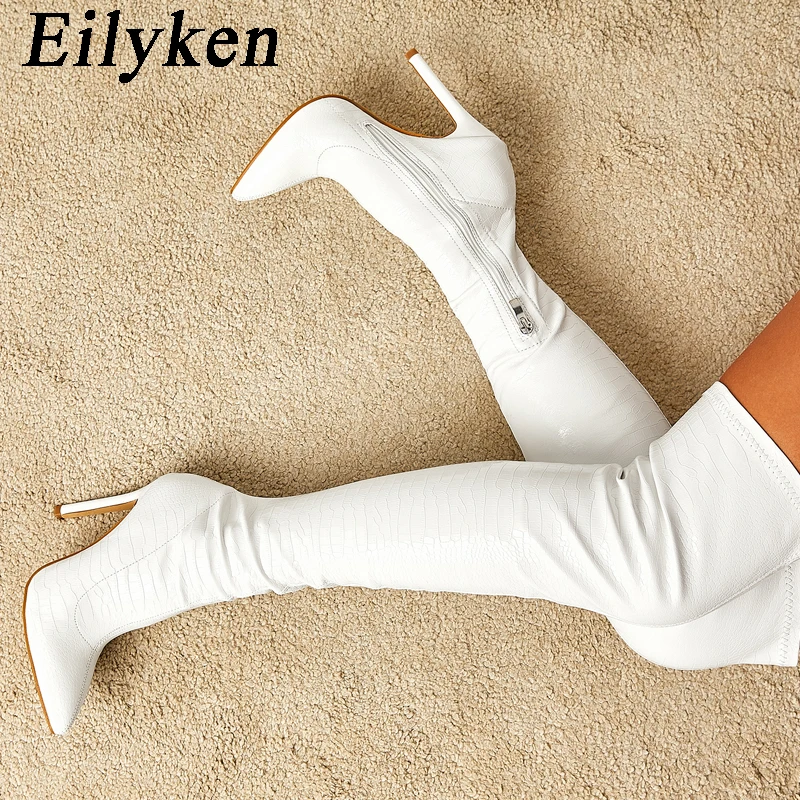 Eilyken Sexy Snake Print Leather Pointed Toe Women Over The Knee Boots Fashion Zipper Winter Thigh High Boots Stripper Shoes