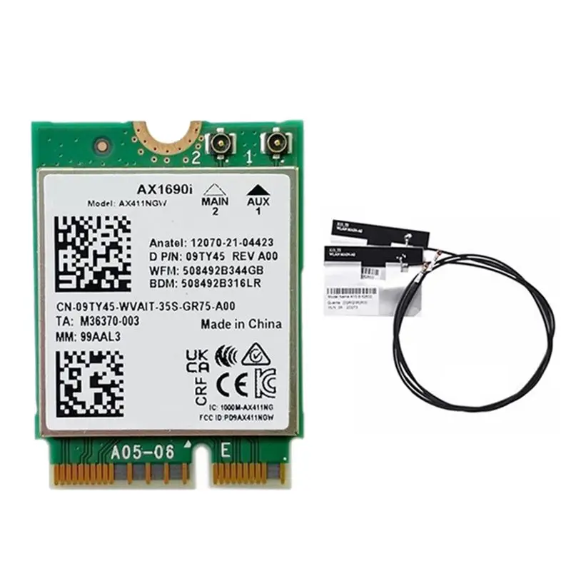 

Wi-Fi-карта AX1690I + 2 антенны, модуль беспроводной связи AX411 Wi-Fi 6E со скоростью 2,4 Гбит/с и Bluetooth 5.3 - AEF7