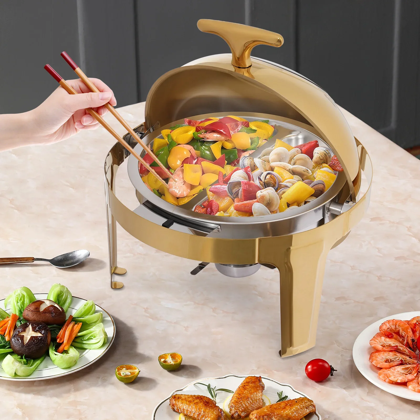 

Round Chafing Dish Buffet Warmer Set for Catering / Party- Dual Compartment, 8L Each, Stainless Steel & Glass, 90°/180° Opening