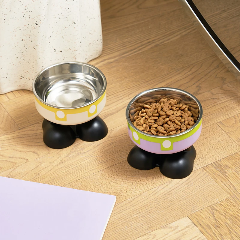 A high-legged pet bowl, colorful stainless steel large-capacity dog ​​bowl for feeding and water, neck-protecting cat bowl, anti