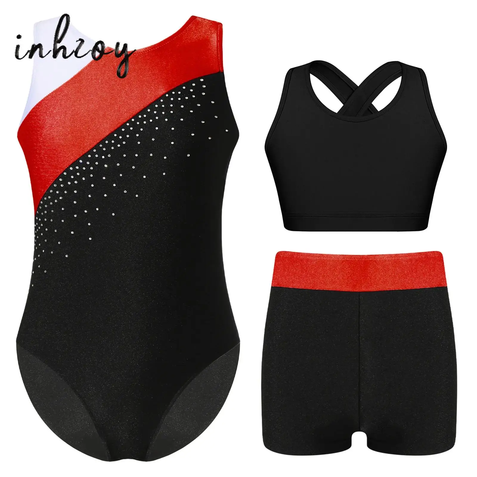 

Kids Girls Gymnastics Dancing Costume 3Pcs Sleeveless Shiny Rhinestones Contrast Color Leotards+Rear U Neck Bra Top+Shorts Set