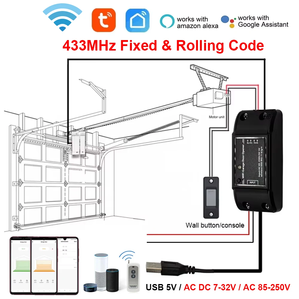 Smart Wifi Controller Garage Door Opener 433mhz Universal Fixed Rolling Code Remote Control Receiver ECOSTAR AT-4 ATA NOVOFERM