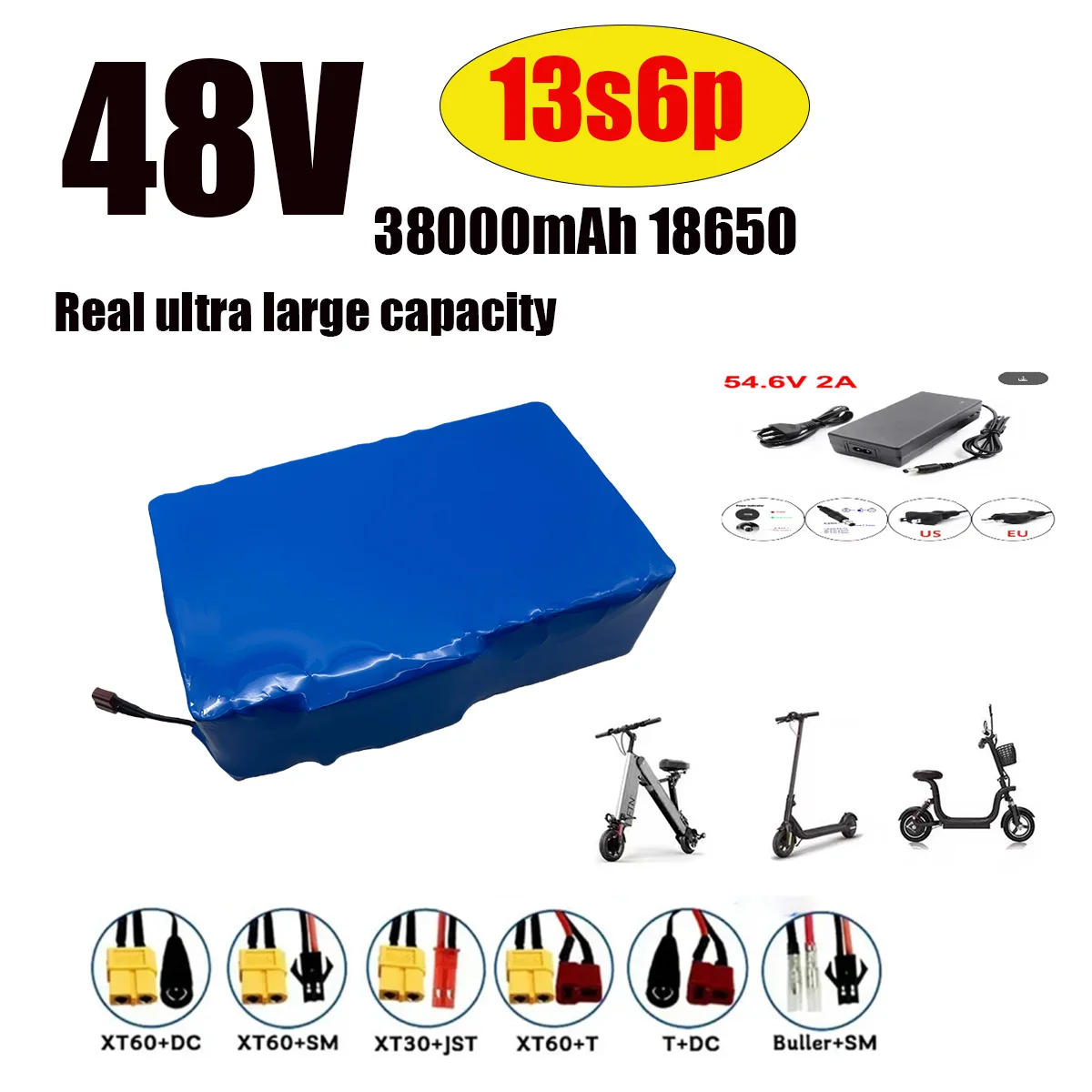 

New 48V13S6P 38AhBattery real capacity XT60 18650 Lithium ion Battery Pack 38000mAh 1800W 2000W For 54.6V E-bk BMS 2A Charger