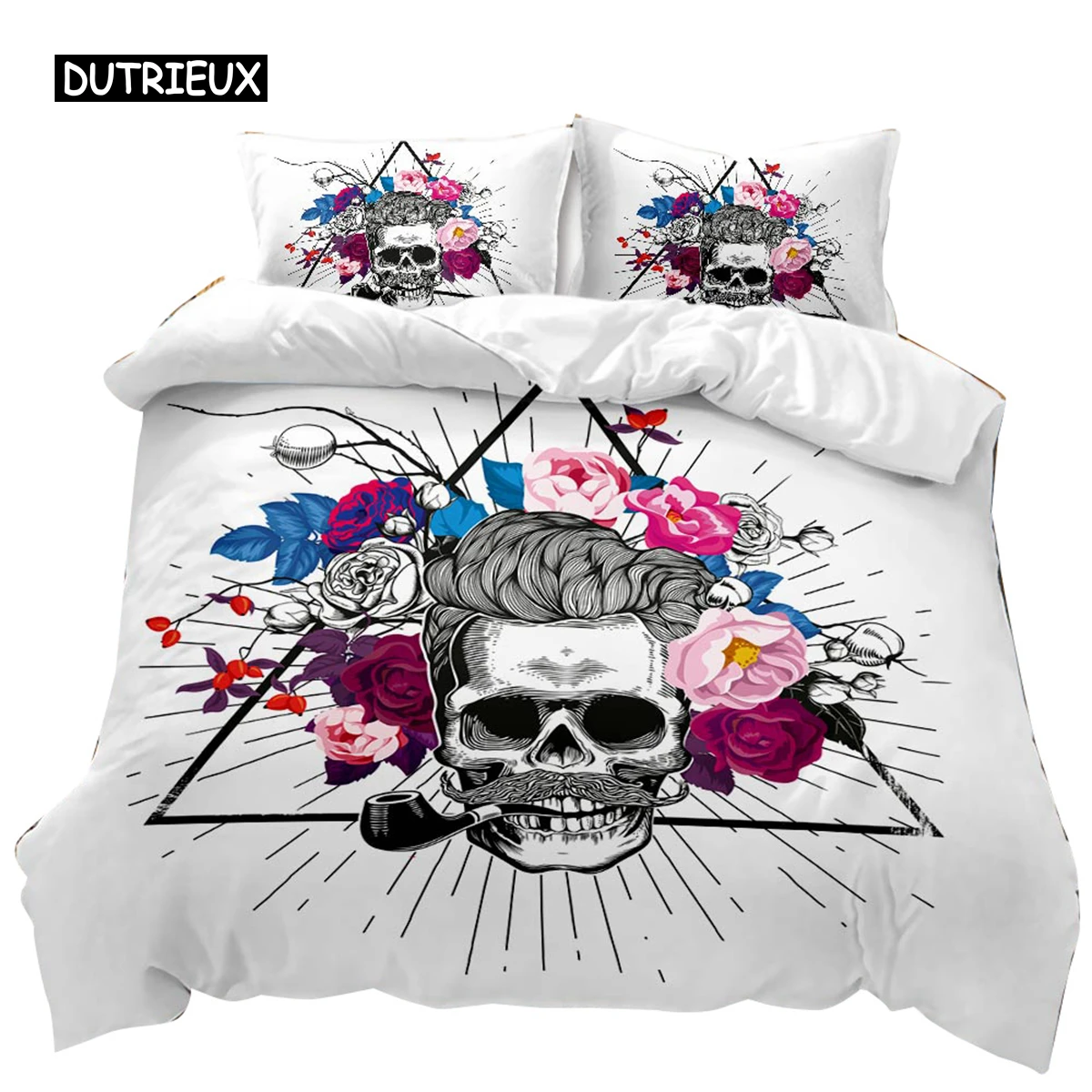 

Skull Duvet Cover Set Queen Size Skeleton Bedding Set Digital Print Bones Roses Surrounded The Skull Polyester Comforter Cover