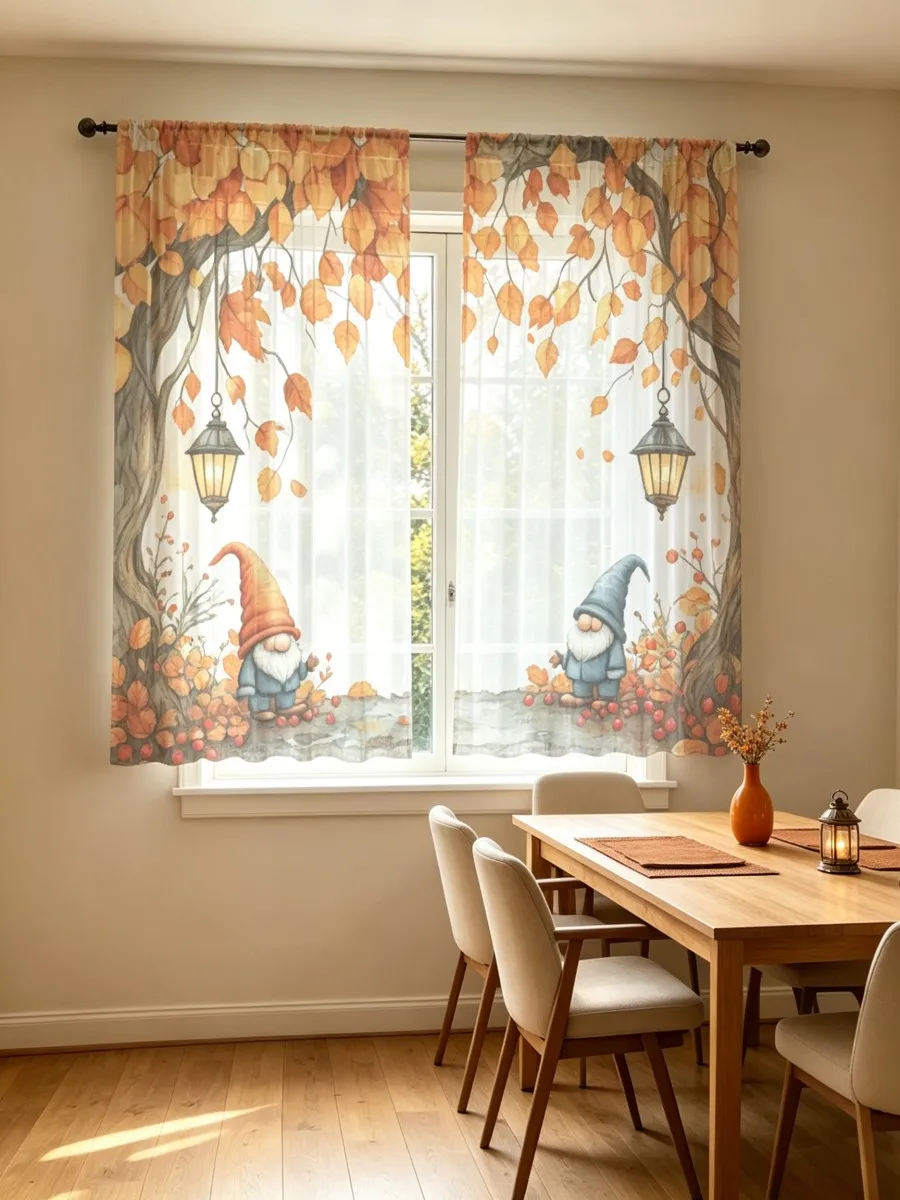 2PCS Thanksgiving Fall Sheer Curtains, Gnome Tree Leaf, Digital Print, Bedroom Living Room, Rod Pocket Polyester, Home Decor