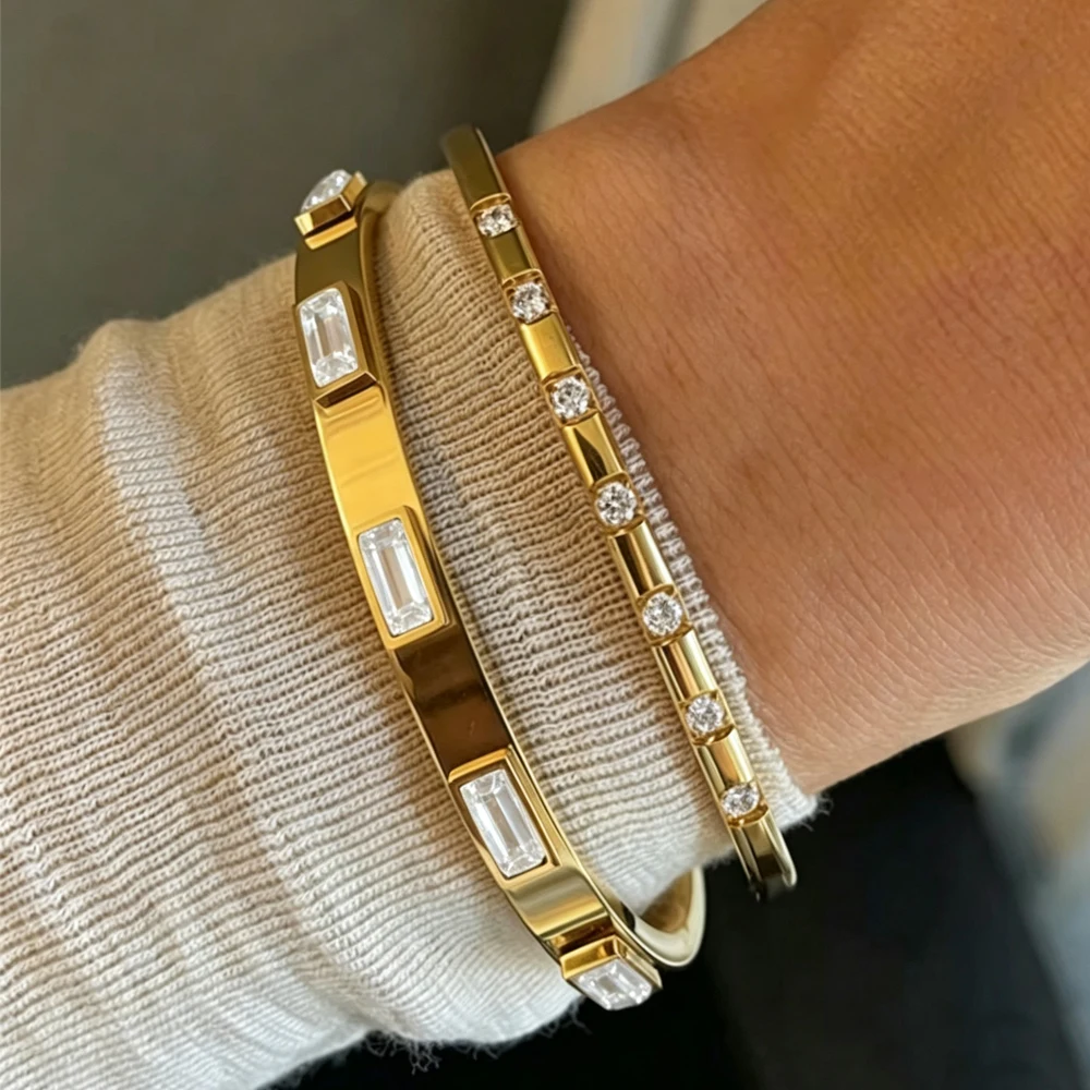 Yupsk 2-teiliges Set Stapelbare Edelstahl-Armbänder für Frauen Geometrische Quadratische Rosa Grüne Zirkon-Armreifen Wasserdichter Schmuck Geschenk – Detail 2