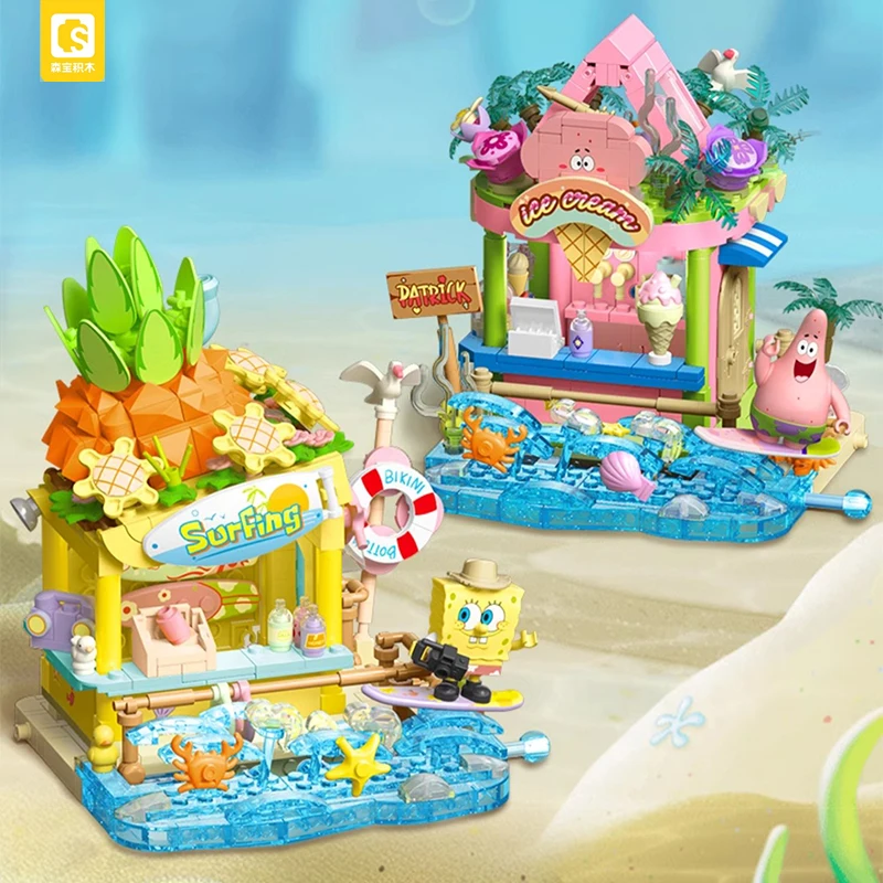 SEMBO BLOCKS SpongeBob Series Building Blocks Patrick Pineapple Surf Shop  Dessert House Scene Model Bricks Toys For Kids Gifts