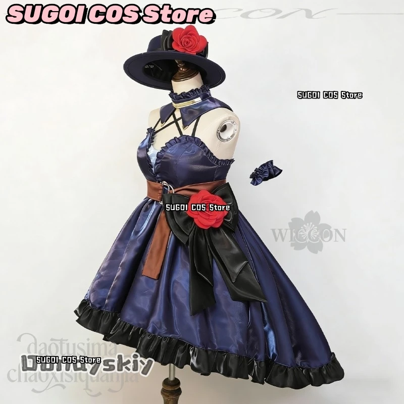 

SU COS@Аниме-игровой проект Sekai Mikkuu Вечернее платье без рукавов Темно-синяя готическая шляпа Лолиты с цветком и двойными хвостиками Рождественская вечеринка