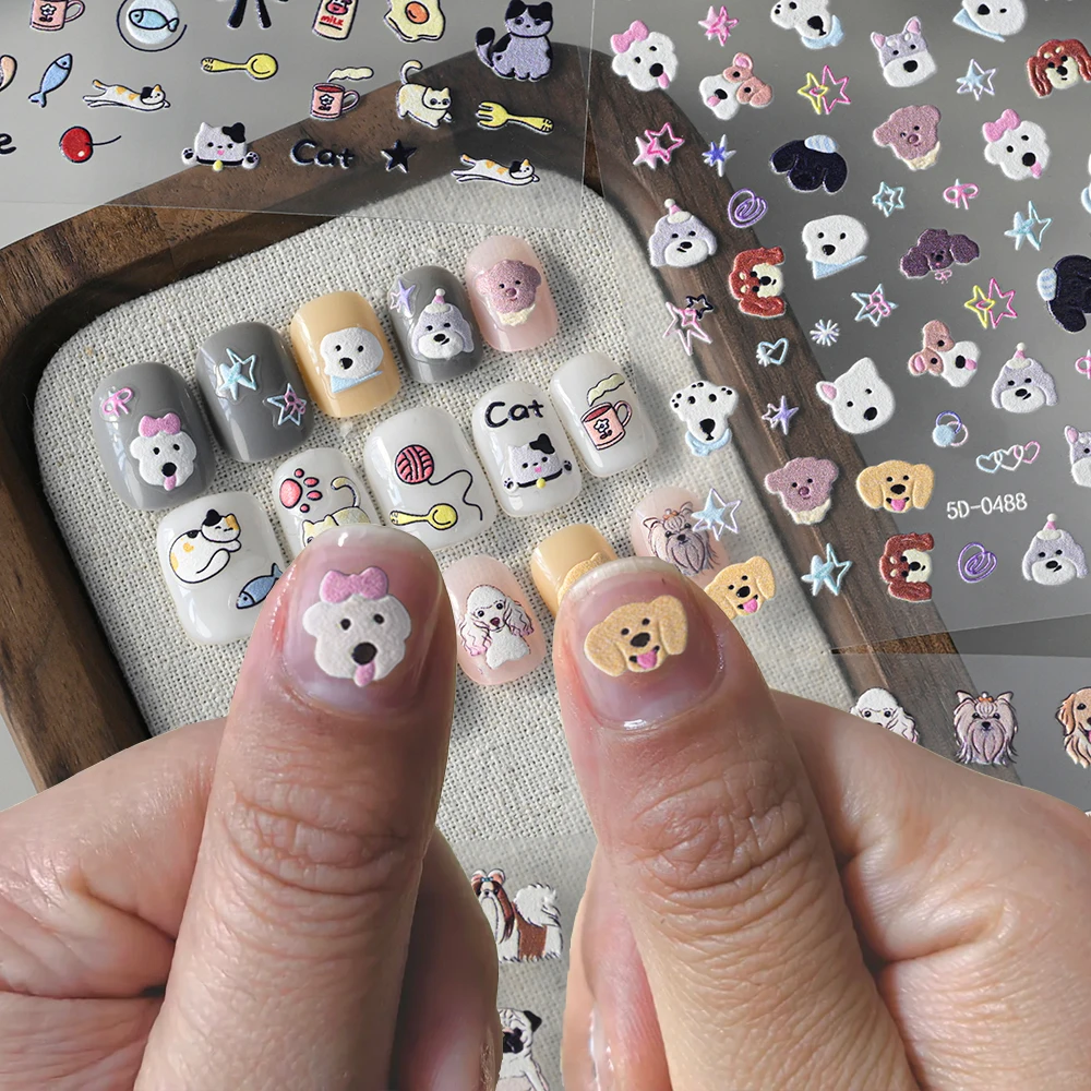 1 pçs 5d em relevo cão gato arte do prego adesivos doberman shiba inu pomeranian dos desenhos animados decalques de unhas para crianças bonito estrela manicure decora