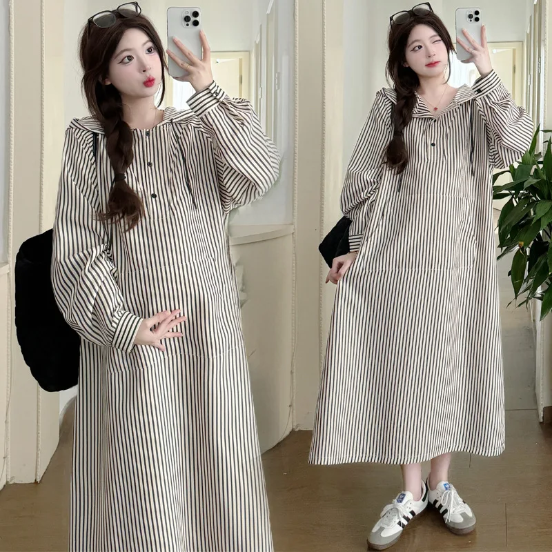 

Korean Style Maternity Dress Autumn New Casual Striped Loose Fit Shirt Dress Plus Size Slimming Knee Length for Pregnant Women
