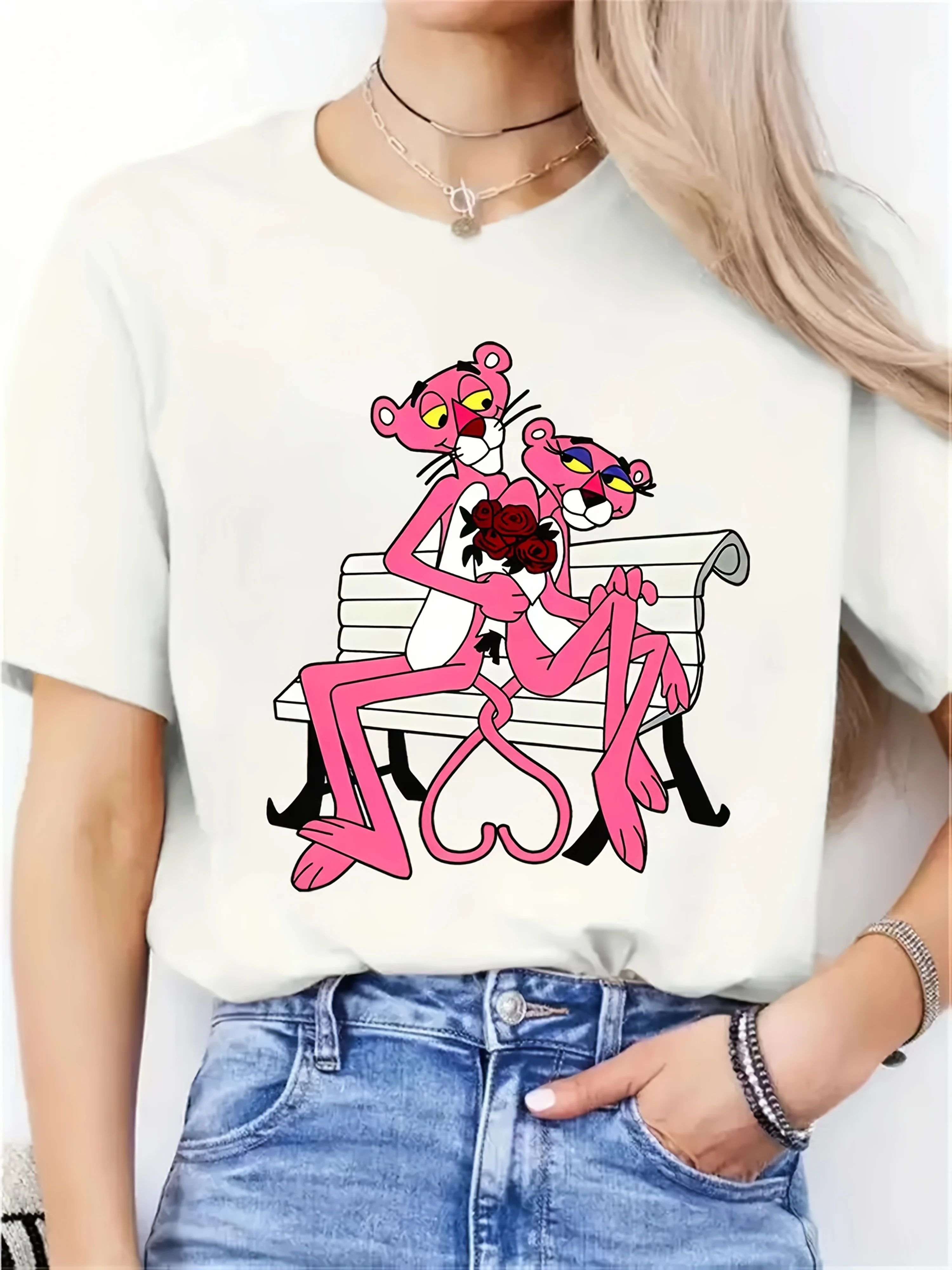 

Pink Panther Graphic Printing Summer, Autumn and Winter Pure Cotton Men's and Women's T-shirts Short Sleeves Luxury Outdoor