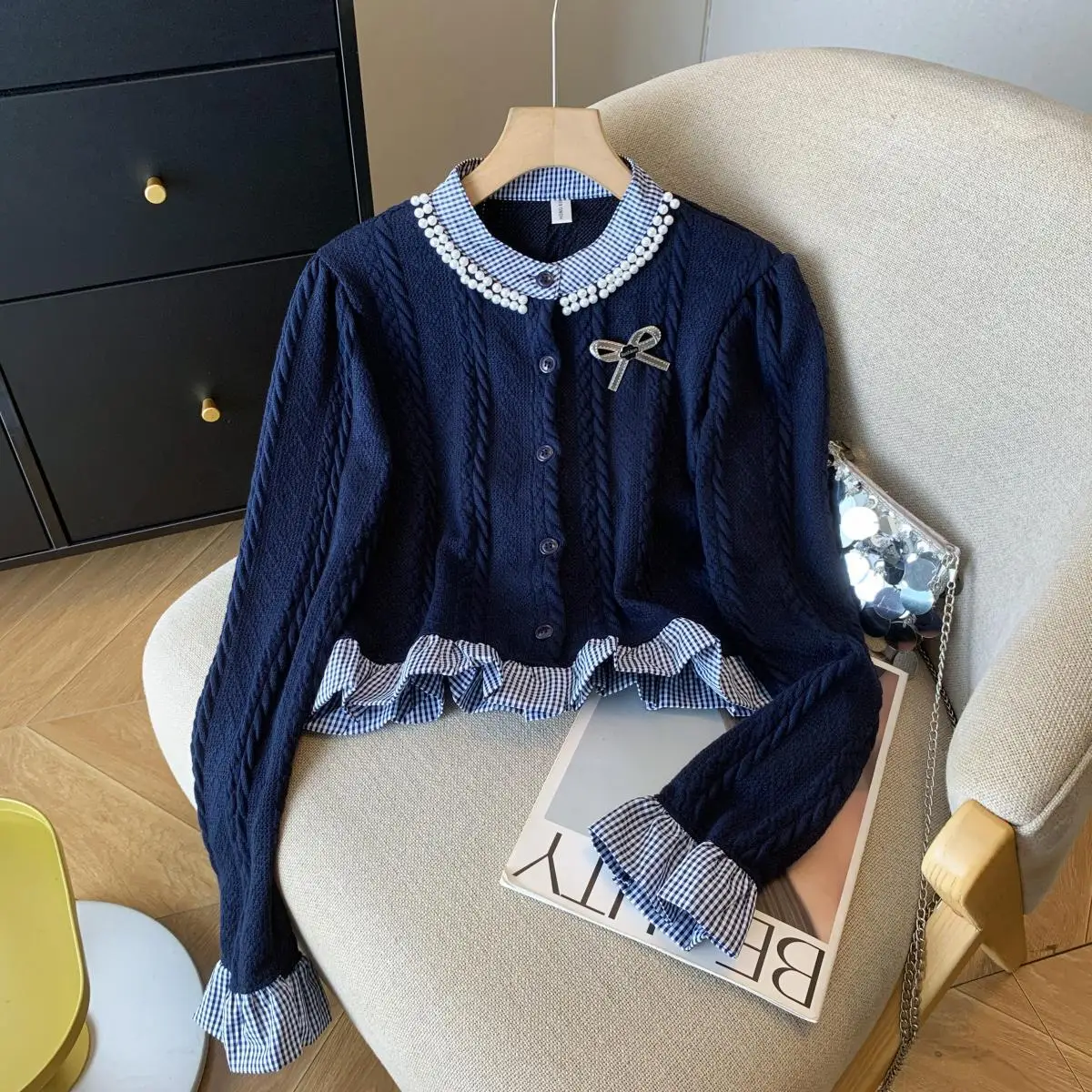 Literary Girl Preppy Style French Style Cardigan Fake Two Pieces Bow Pearl Fungus Pull Femme Short Panelled Fresh Sweater
