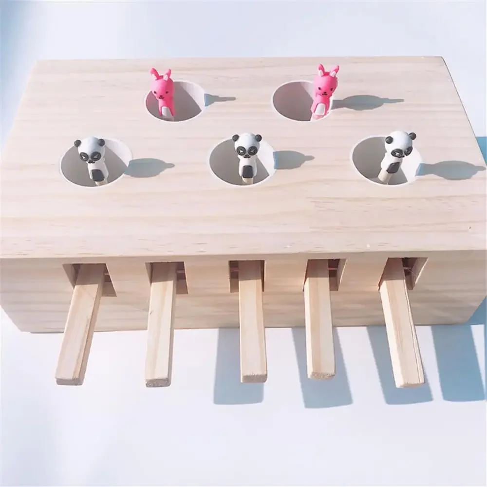 Cat Hunt Toy Chase Mouse Solid Wooden Interactive Maze Pet Hit Hamster with 3/5-holed Mouse Hole Catch Bite Catnip Funny Toy