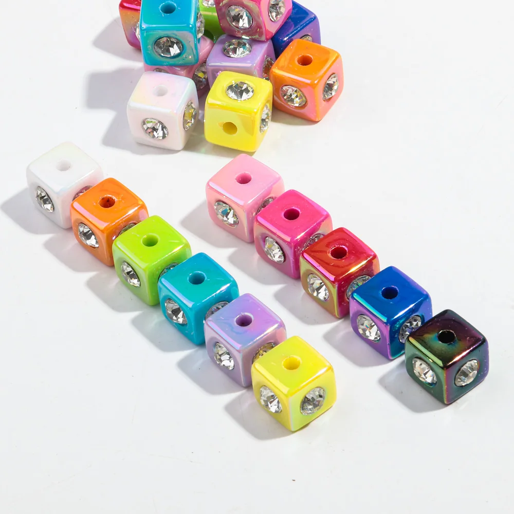 10pcs Iridescent Acrylic Rhinestone Cube Cube Shape Beads Accessories New Geometric Loose Bead Pendant for DIY Jewelry Making