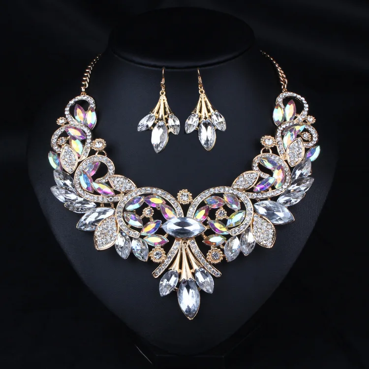 

AliExpress hot-selling popular jewelry retro colored gemstone necklace earrings set wholesale